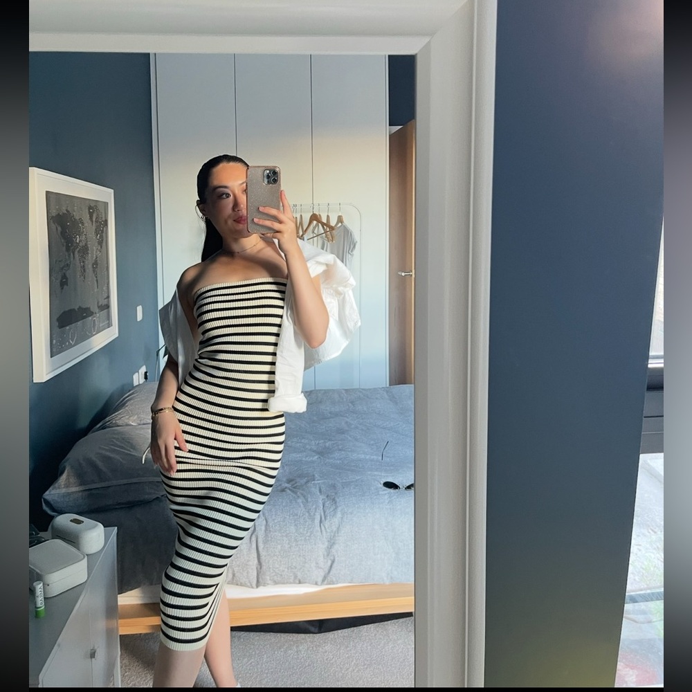 Zara Striped Black and Cream ribbed strapless dress